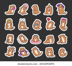 Cute cartoon kawaii otter. Sticker Bookmark. Animal funny characters. Hand drawn style. Vector drawing. Collection of design elements.