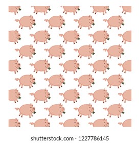 Cute cartoon kawaii piglet pattern with clover leaf  on white background, vector seamless pattern.