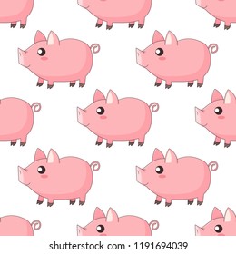 cute cartoon kawaii piglets, piggy standing in profile on white background, vector seamless pattern