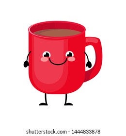 Cute cartoon kawaii red mug character vector illustration isolated on white background. Hot drink character.