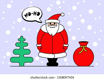 Cute cartoon kawaii Santa Claus character for Christmas and Happy New year celebration. Gift bag spruce and snow on purple sweet winter holidays greeting card. Vector inspiration poster illustration