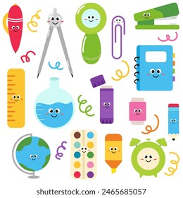 Cute cartoon kawaii school stationery chracter with smiling faces. Funny school supplies for kids