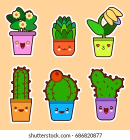 cute cartoon kawaii set of plant, cactus succulents and flowers with funny faces Flat design Vector Illustration