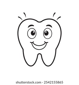 Cute cartoon kawaii smiling funny face character, Happy Tooth outline Icon in Cartoon Style, Black and White vector illustration.