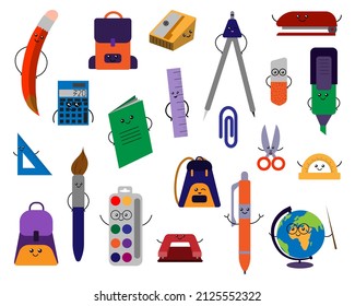 Cute cartoon kawaii stationery, school supplies, office supplies. vector isolated on a white background.