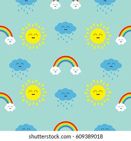 Cute cartoon kawaii sun, cloud with rain, rainbow set. Smiling face emotion. Baby character Seamless Pattern Wrapping paper, textile template. Blue background. Flat design. Vector illustration.