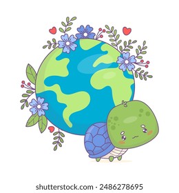 Cute cartoon kawaii turtle character with planet Earth and flowers. Concept ecology, conservation and protection of respect for nature and animals. Vector illustration