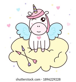 Cute cartoon kawaii unicorn with wings on big cloud. Adorable horse or pony with horn. Kids design ready for print. Unicorn cupidon.