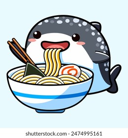 cute cartoon kawaii Whale shark eating ramen noodles