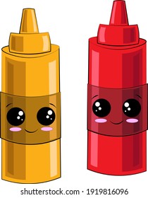 Cute cartoon ketchup and mustard. Draw illustration in color