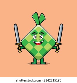 Cute cartoon Ketupat character holding two sword in 3d modern design