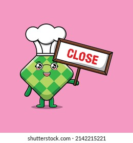 Cute cartoon ketupat chef character holding close sign designs in concept 3d cartoon style