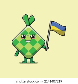 Cute cartoon Ketupat mascot character with ukraine flag in modern design