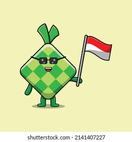 Cute cartoon Ketupat mascot character with Indonesian flag in modern design