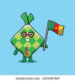 Cute cartoon Ketupat mascot character with flag of Cameroon country in modern design