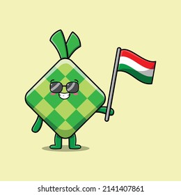 Cute cartoon Ketupat mascot character with flag of Hungary country in modern design
