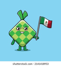 Cute cartoon Ketupat mascot character with flag of Mexico Country in modern design