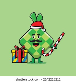 cute cartoon ketupat santa clause character is bringing candy cane and boxes christmas illustration