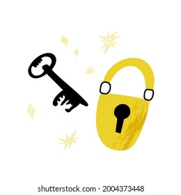 Cute cartoon key and lock, romantic match or eureka symbol. Magic, mystical, esoteric, mysterious vector illustration. Hand-drawn design element. Vector isolated illustration.