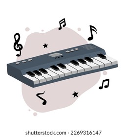 cute cartoon keyboard. Musical instrument electronic piano hand drawn doodle style