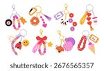 Cute cartoon keychains. Kawaii keychain charms, adorable keyrings for girls and cartoon charm accessories with animal faces, beads and tags isolated vector illustration set.