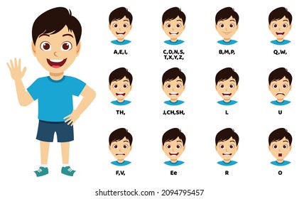 Cute cartoon kid boy character talking mouth and lips expressions vector animations poses pronunciation speak, tongue and articulate and wearing beautiful outfit and waving