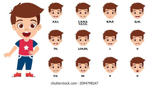 Cute cartoon kid boy character talking mouth and lips expressions vector animations poses pronunciation speak, tongue and articulate and wearing beautiful outfit and posing