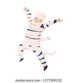 cute cartoon kid in colorful halloween costume: Mummy zombie. Cartoon character design of boy isolated on white used for child books, stickers, posters, web pages.