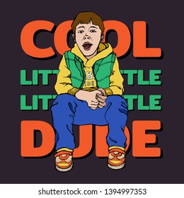 Cute cartoon kid. Cool little dude. Vector illustration for typography, t-shirt, graphics