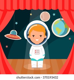 Cute Cartoon Kid in Cosmonaut Costume Standing on the Stage. Stars and Planets on Background. Colorful Vector Illustration