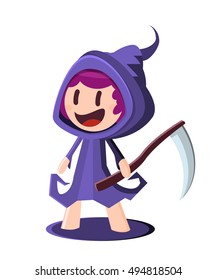Cute Cartoon Kid Disguised about the Death for Halloween. Vector illustration on White Background.