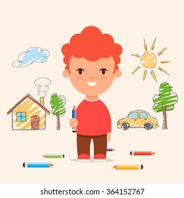 Cute Cartoon Kid Drawing House, Car and Trees on the Wall. Colorful Vector Illustration
