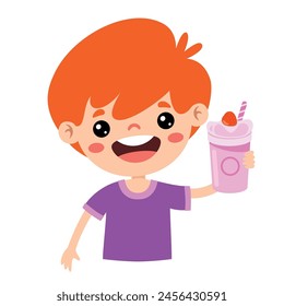 Cute Cartoon Kid Drinking Milkshake