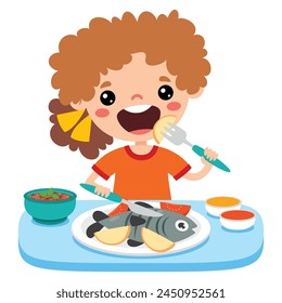 Cute Cartoon Kid Eating Fish