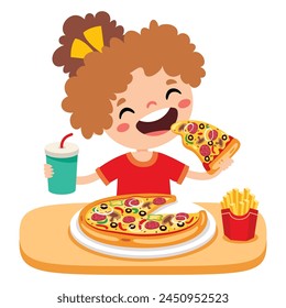 Cute Cartoon Kid Eating Pizza