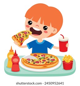 Lindo niño de dibujos animados comiendo pizza