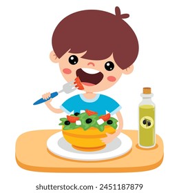 Cute Cartoon Kid Eating Salad