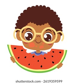 Cute Cartoon Kid Eating Watermelon