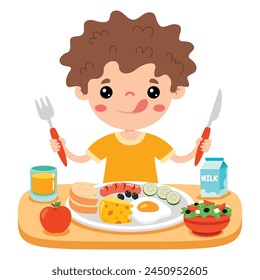 Cute Cartoon Kid Having Breakfast