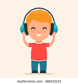 Cute Cartoon Kid with Headphones Listening to Music. Colorful Vector Illustration