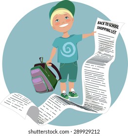 Cute Cartoon Kid Holding A Very Long Back To School Shopping List, Vector Illustration, No Transparencies, EPS 8