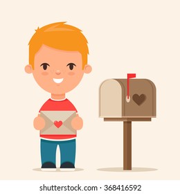 Cute Cartoon Kid with Love Letter Standing Near the Mailbox. Colorful Vector Illustration