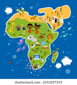 Cute cartoon kid map of africa, arab, madagascar with animals, plants, people, architecture for education, book illustration. Earth globe background design poster.