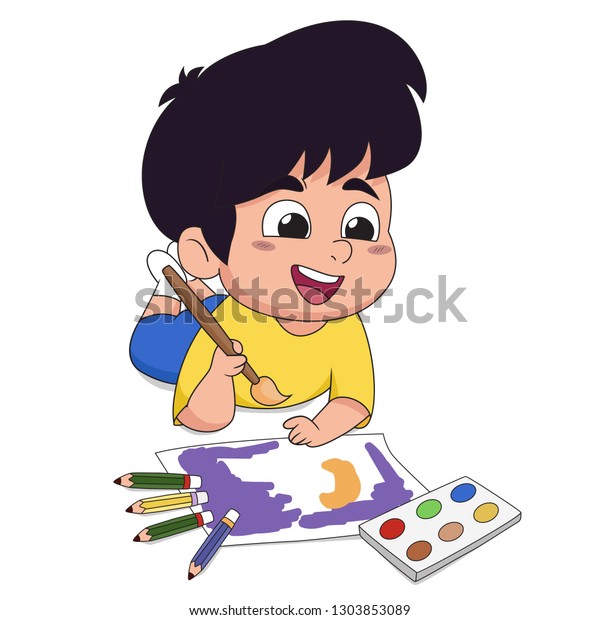 Cute Cartoon Kid Painting Watercolor Brush Stock Vector (Royalty Free ...