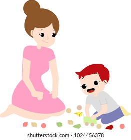 Cute cartoon kid and parent playing together,happy family character,illustration by freehand draw doodle comic style,children activities set vector design