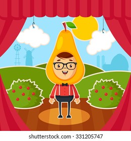 Cute Cartoon Kid in Pear Costume Standing on the Scene. Colorful Decorations on Background, Vector Illustration