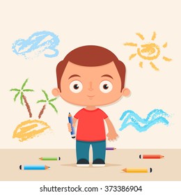 Cute Cartoon Kid with Pencil. Funny Drawings on Background: Sea, Island, Sun and Cloud. Colorful Vector Illustration