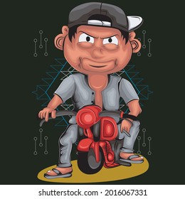 cute cartoon kid riding a motorbike, can be used for t-shirt designs, tattoos, wallpapers, art prints, and more