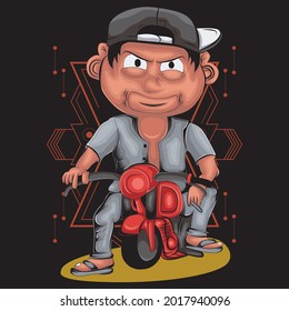 cute cartoon kid riding a motorbike, can be used for t-shirt designs, tattoos, wallpapers, art prints, and more