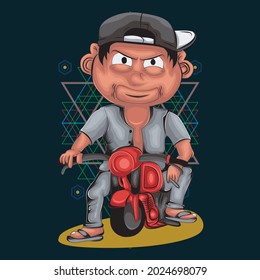cute cartoon kid riding a motorbike, can be used for t-shirt designs, tattoos, wallpapers, art prints, and more